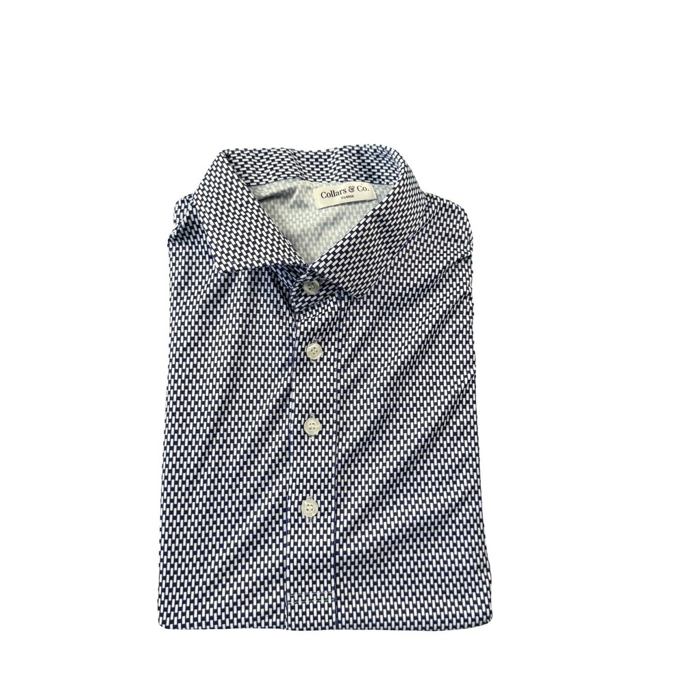 Collars & Co Blue White Geometric AOP Dress Collar Mens Polo Shirt Size XL